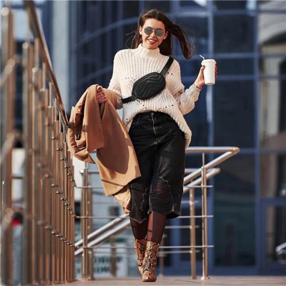 Black Fanny Packs,Leather Waist Bags for Women,Waterproof Belt Bag,Crossbody Bag - Picture 3 of 7